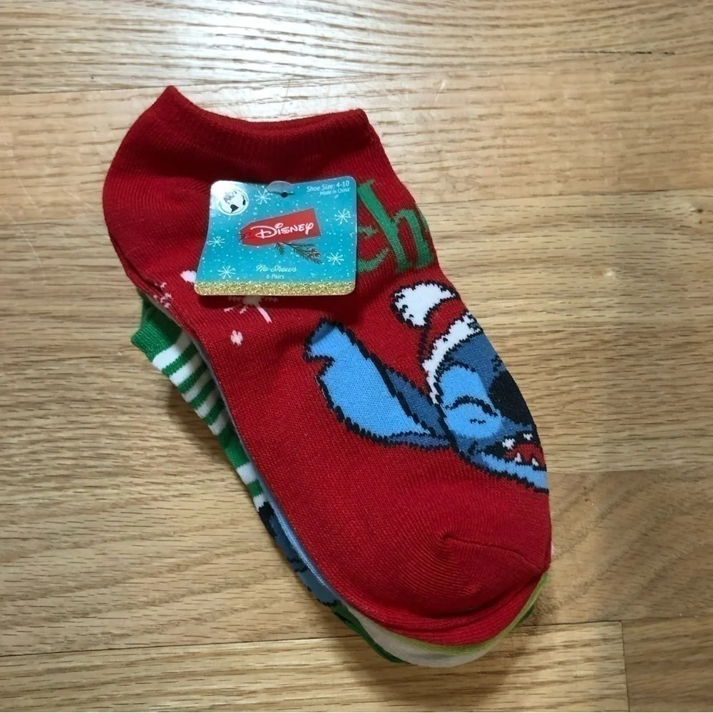 Stitch 6 Pairs Christmas Socks Disney NEW Red Green Blue Women’s No Show